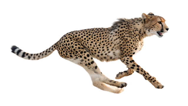 A sleek cheetah in mid-stride, muscles tensed, dust kicking up behind it as it races at top speed, isolated on a transparent background