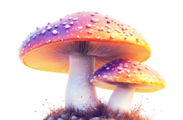 Vibrant mushrooms in nature dreamy environment. Isolated on transparent background, png.