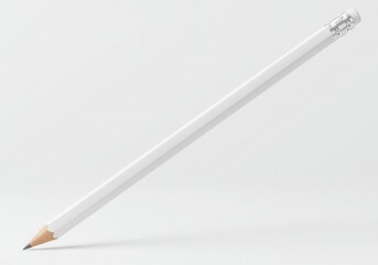A minimalistic view of a white pencil with an eraser on a plain white background in a studio setting