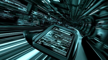 Futuristic digital tunnel with a screen displaying code in motion.