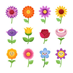 Cute Cartoon Flowers Illustration Set Isolated on White