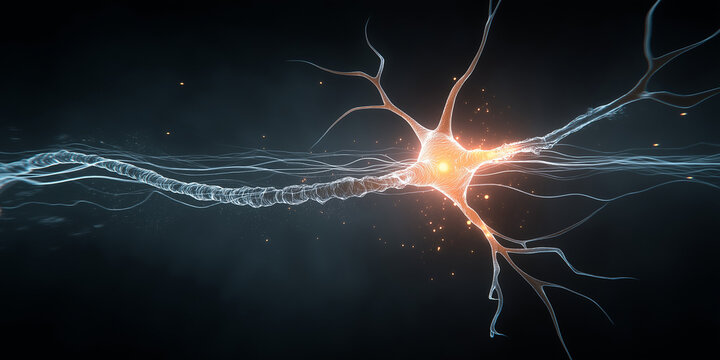 Futuristic glowing neuron illustration with electric pulses on dark background
