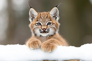 Fototapeta premium Baby lynx joyfully playing in fresh snow amidst winter wonderland setting