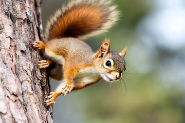 Obraz premium Baby squirrel leaps between trees in a forest setting during bright daylight