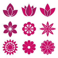 Nine Purple Flower Icon Set Designs on White