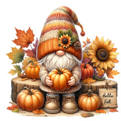 A whimsical gnome stands amidst the autumn's embrace, clutching a plump pumpkin as a symbol of the harvest season's bounty The gnome's vibrant, striped hat mirrors the colorful foliage, a testament