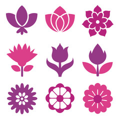 Pink and Purple Flower Icon Set Illustration Isolated