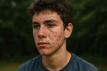 Fototapeta premium A young man with acne on his face looks thoughtfully into the distance, portraying skin condition. Concept of: Teenage challenges. 