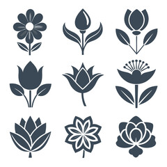 Botanical Flower Icon Set in Dark Blue Color