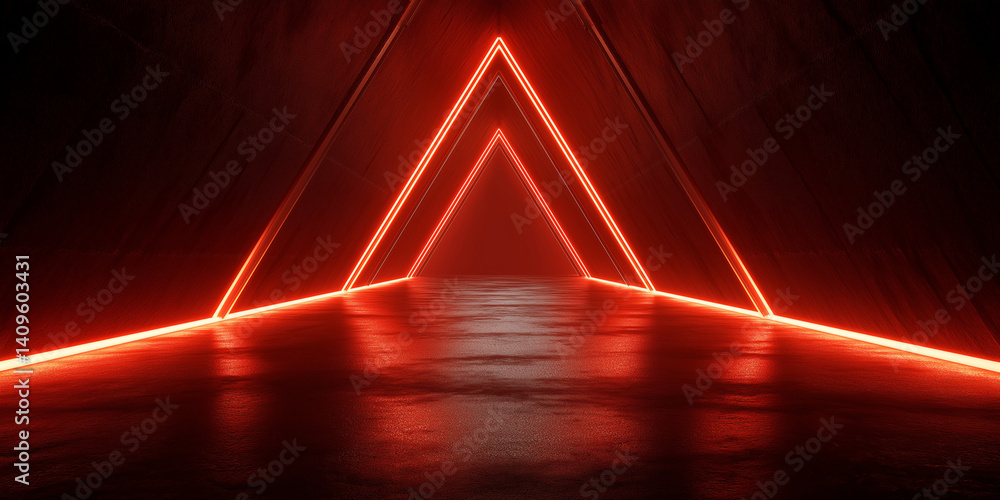 Poster futuristic red neon triangle tunnel with reflective floor and dark background