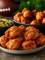 Crispy Golden Fried Chicken Bites Served with Flavorful Rice and Football Theme for Game Day Celebrations