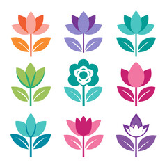 Retro Flower Set Illustration in Pastel and Bold Colors