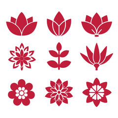 Assorted maroon floral icon vector set on white