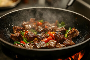 Sizzling beef and vegetable stir-fry in a wok.