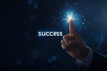 Businessman touching a "success" button on a virtual screen with his finger
