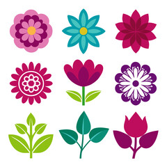 Collection of colorful flat flowers and leaves isolated