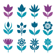 Abstract Flower Icons in Teal and Purple Colors