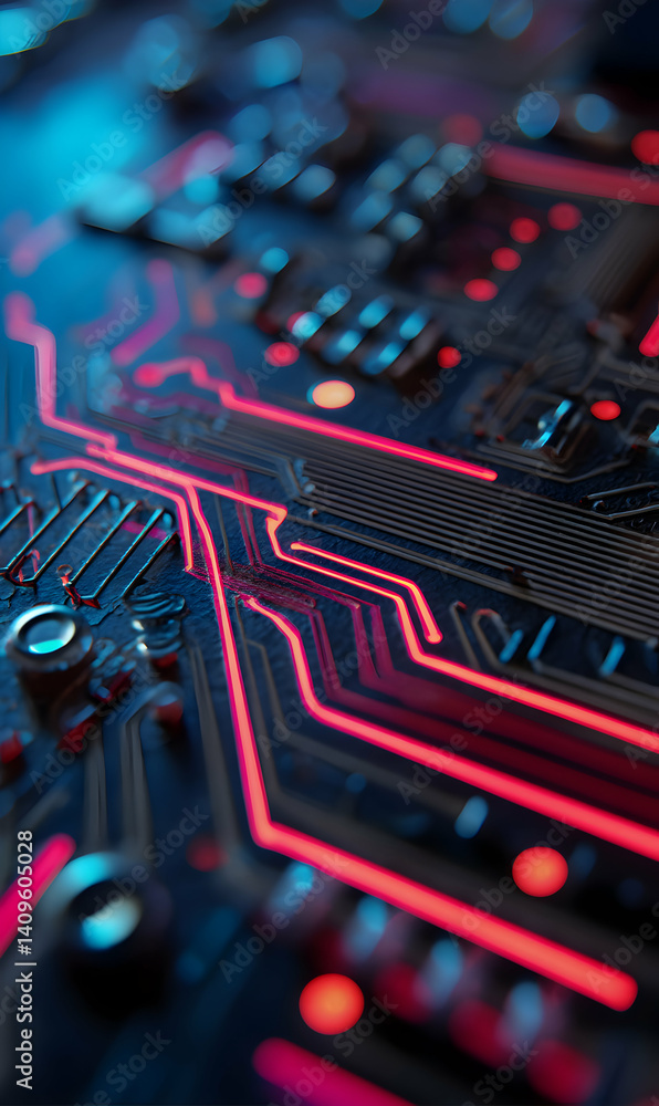 Poster intricate macro view of an electronic circuit board with glowing neon pathways