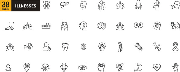 Medical illness and disease outline icon set. Includes symptoms, organs, conditions, infections, chronic diseases, and body health diagnostics.
