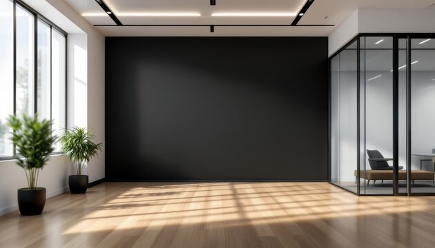 A sleek black wall mockup in a modern office featuring light oak flooring and a glass-walled meeting room on the right, brightly lit by overhead fluorescent lights during a sunny afternoon.