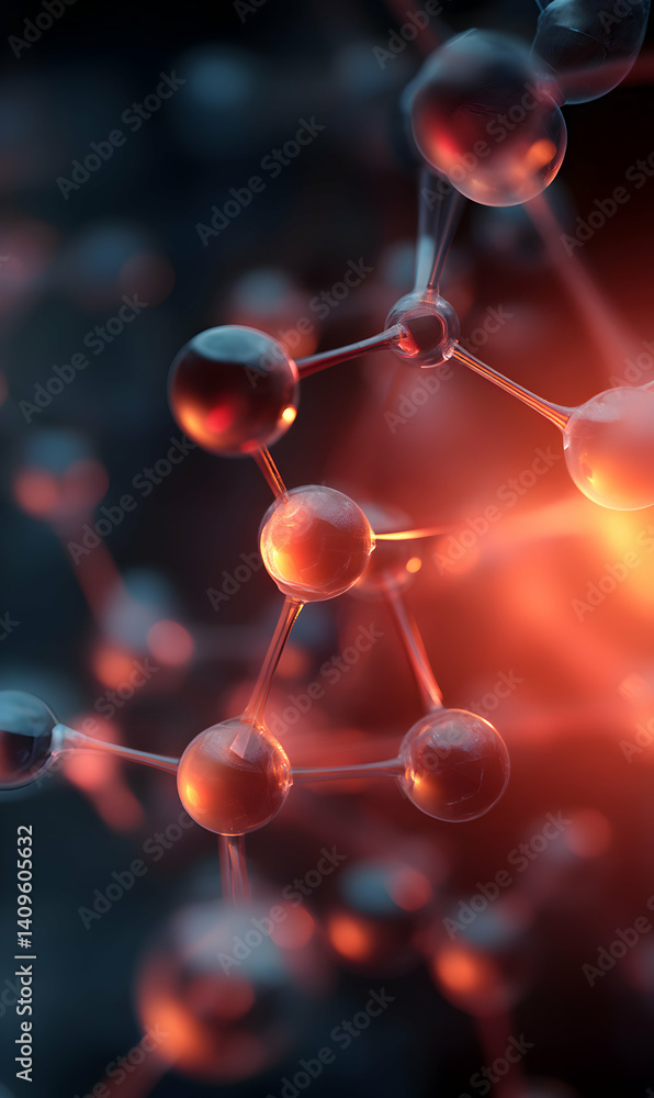 Poster macro view of molecular structure with enhanced red glow and blur background