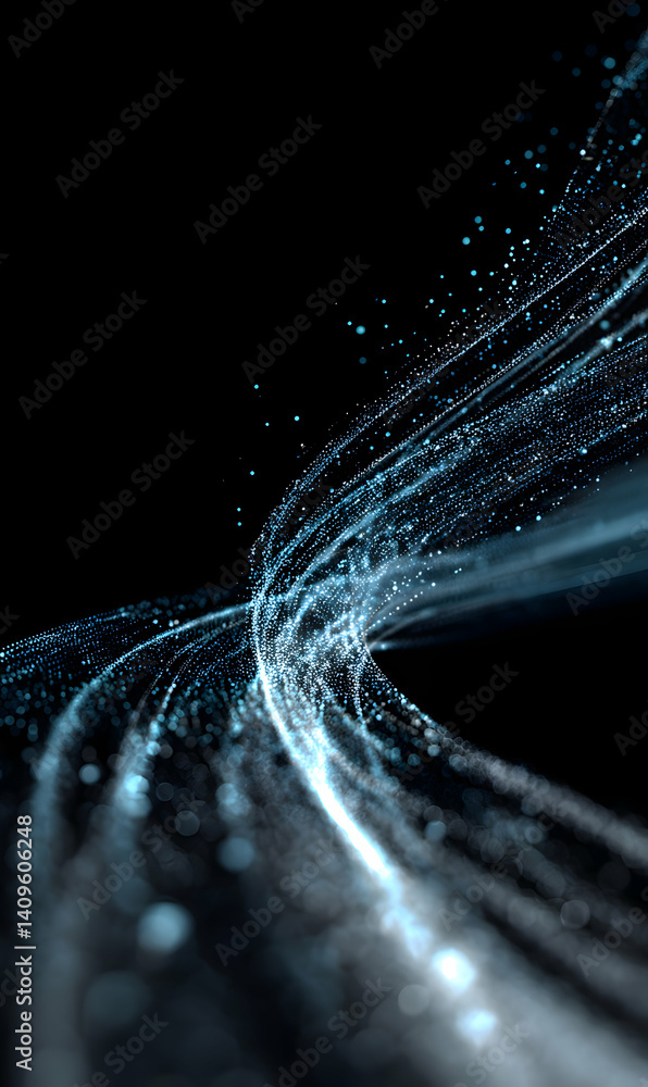 Poster Abstract digital flow with illuminating particles against a dark background
