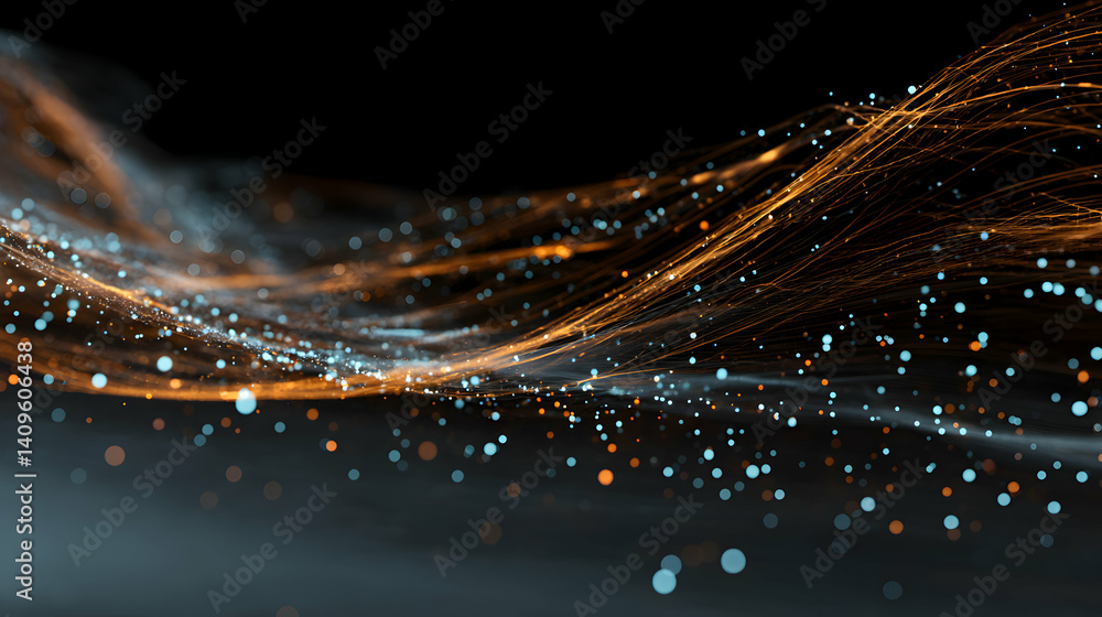 Poster abstract illuminated golden threads and vibrant particles creating depth