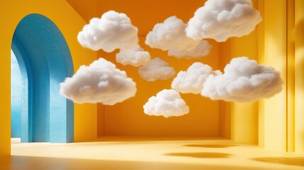 Vibrant Abstract Space with Floating Clouds and Arched Structure