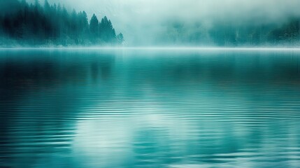 Misty lake reflecting a tranquil forest.