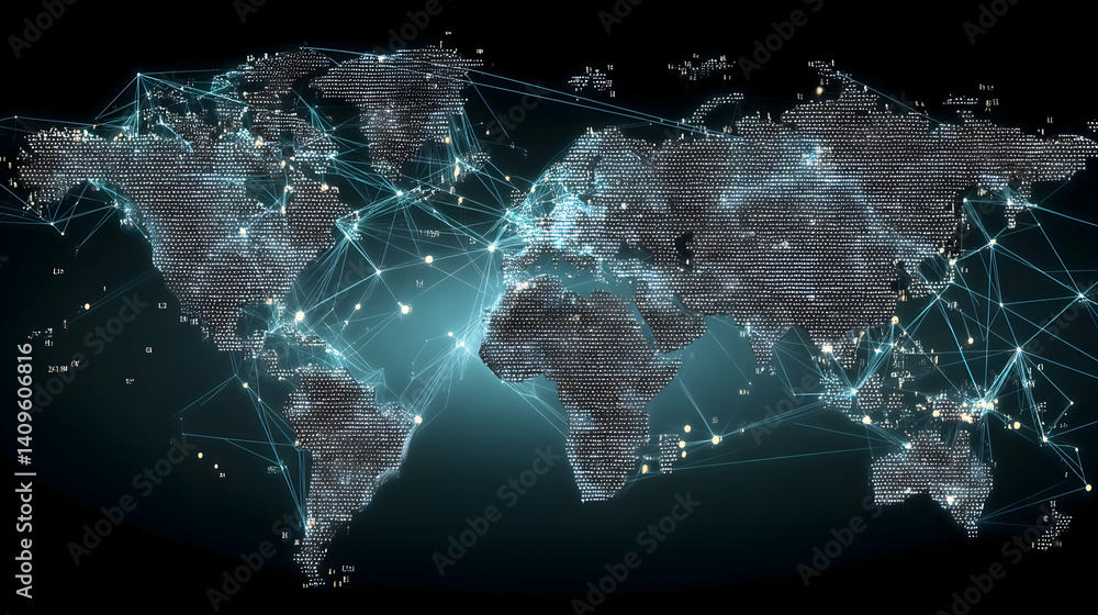 Poster global connectivity network illustration displaying interconnected world continents