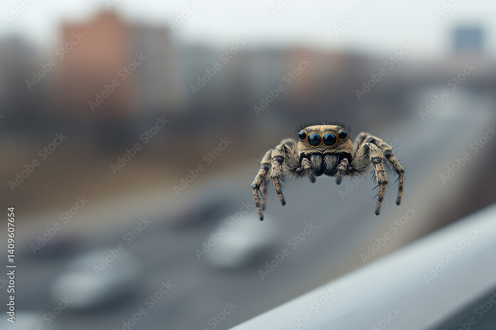 Poster close-up of a spider perched on a railing overlooking a busy highway in an urban setting