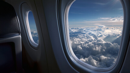 Fototapeta premium A window on an airplane with clouds in the sky