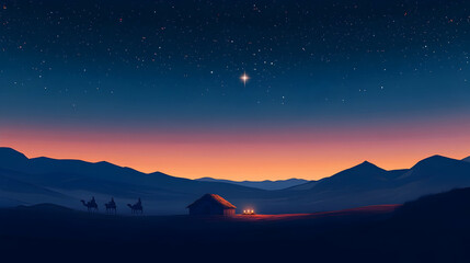 Nativity scene at dusk with three wise men and bright star scenery
