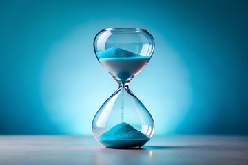 Glass Hourglass with Blue Sand on Table – Time Concept with Gradient Blue Background