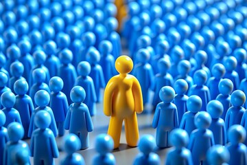 Leadership and Individuality Concept – Yellow Figure Standing Out Among Blue Crowd
