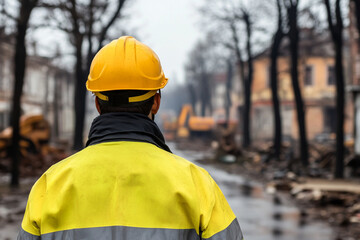 Obraz premium Worker stands near heavy machinery on urban construction site during overcast weather