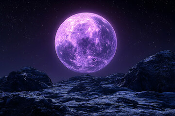 Purple moon ascends over a desolate alien landscape.