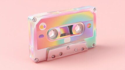 Obraz premium Iridescent cassette tape on a pink background, showcasing retro aesthetics with a modern twist.