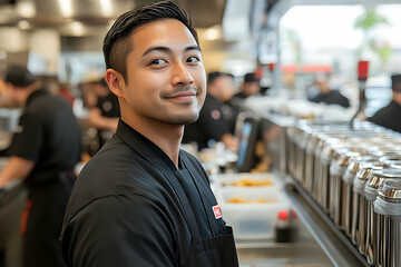 Fototapeta premium Smiling employee in a busy restaurant setting.