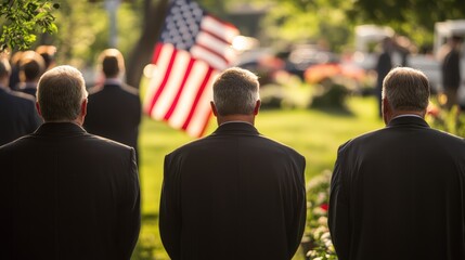Men in suits standing respectfully near American flag