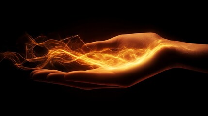 Fototapeta premium A hand extends into a swirling whirlpool of data flow, depicted as a radiant current of particles and lines, symbolizing engagement with digital content