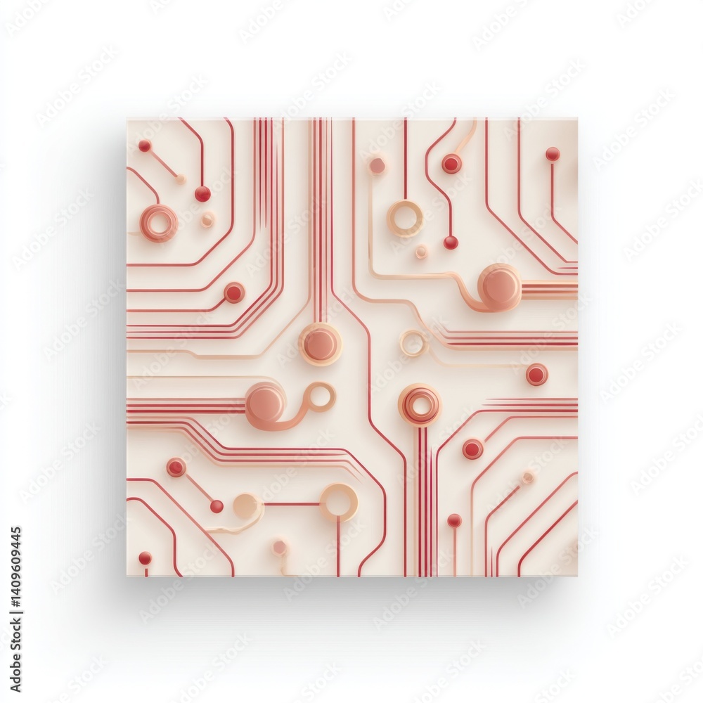 Poster abstract circuit board design with intricate lines and circular elements in a modern aesthetic.
