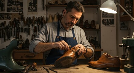 Skilled Cobbler Craftsman Hand-Finishing Premium Leather Shoe in Traditional Workshop