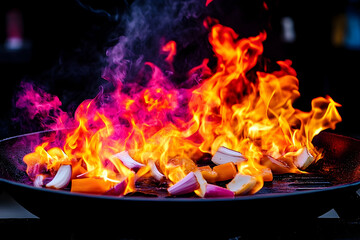 Colorful vegetables ablaze on a grill.