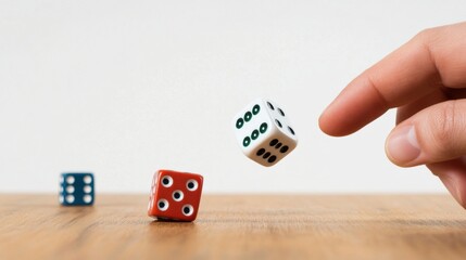 Close up of hand tossing white dice onto wooden table surface, symbolizing game of chance and luck. anticipation of rolling involves risk, decision, gambling, and leisure fun