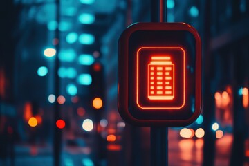 Obraz premium Neon Battery Icon with Urban Background at Night in Cool Tones