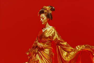 Golden Geisha on Vibrant Red Background with Reflective Highlights. Generative AI