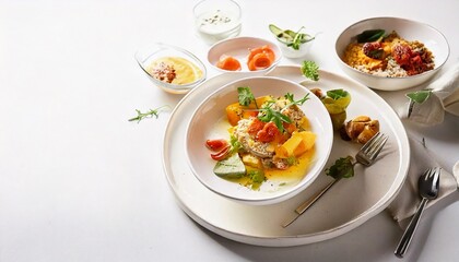 Minimalist food photography of a plated gourmet dish on white background with lots of white space, soft shadows, editorial-style for Instagram or Pinterest layout