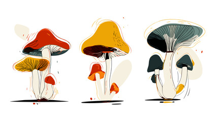 Vibrant illustration set of three wild forest mushrooms showcasing unique shapes and colors in a natural woodland environment