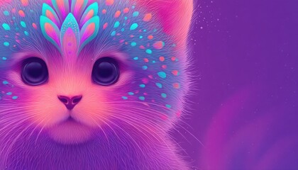 Naklejka premium Colorful digital artwork of a cute kitten with vibrant patterns and a whimsical expression.